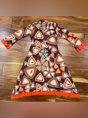 70s retro satin midi tunic dress psychedelic geometric abstract print brown red